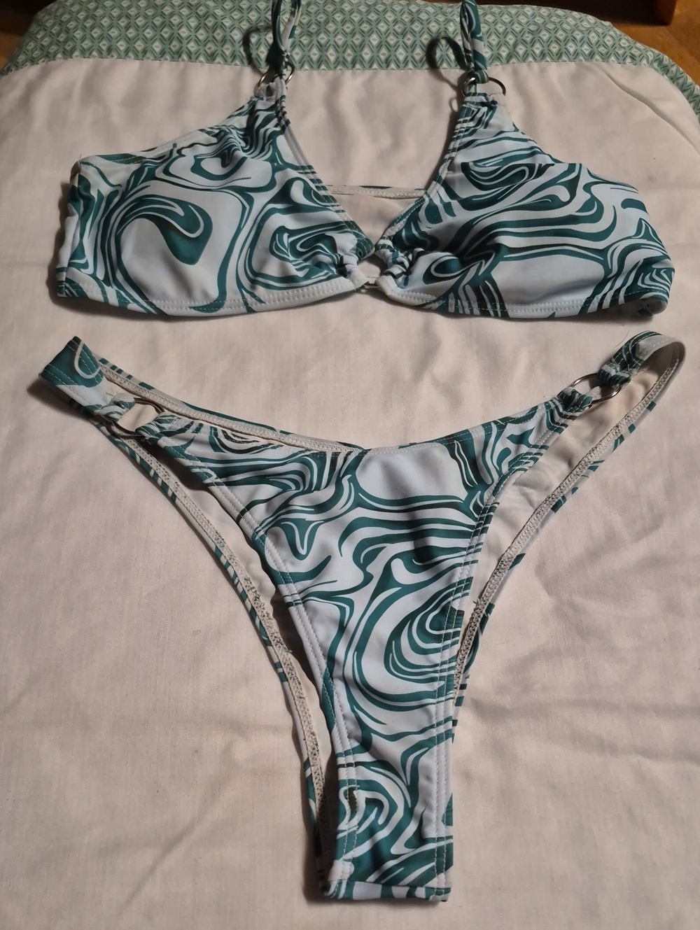 Green Swirl Print Women's Bikini Set - Teal & White